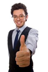 Young businessman in funny concept on white