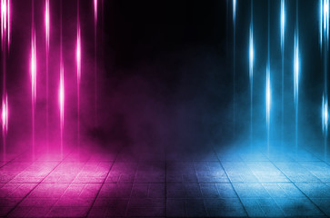 Background of empty street at night. Concrete paving slabs, illuminated by the light of multi-colored neon lamps. Fog, smoke