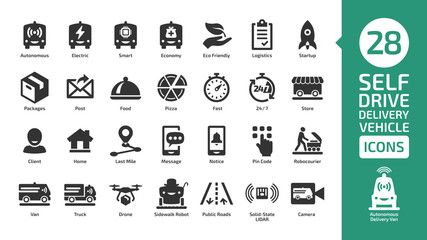 Driverless delivery vehicle shape icon set. Autonomous van car, drone and truck for packages and food transportation.