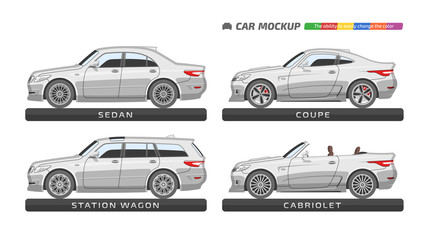 Car vector template on white background. Isolated sedan, station wagon, coupe and cabriolet mockup. Vehicle branding and advertising blank. The ability to easily change the color.