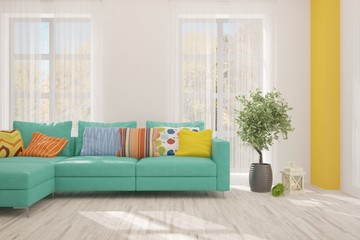 Colorful stylish minimalist room with sofa. Scandinavian interior design. 3D illustration