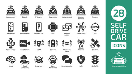 Self drive car icon set. Driverless autonomous sensor smart vehicle shape sign.