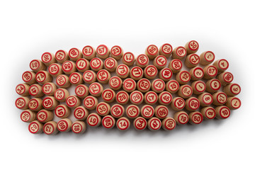 Bingo or lotto game. Wooden kegs of lotto on cards.