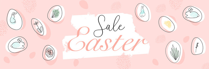 Happy Easter advertising banner with different organic shapes and doodles of flowers, eggs and bunny animals 