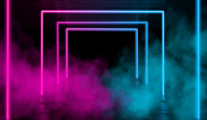 Fototapeta premium Background of empty room with concrete pavement. Spotlight light, multicolored neon light, reflection on tile. Laser lines, figures, smoke, smog