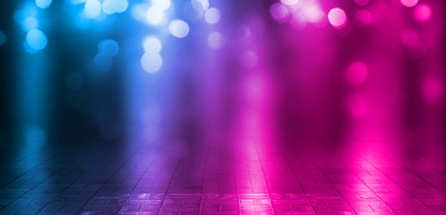 Background scene of empty street lit by spotlight. Neon light, smoke. Abstract background with bokeh