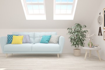 White stylish minimalist room with sofa. Scandinavian interior design. 3D illustration