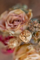 Naklejka na ściany i meble Withered bouquet of flowers. Art photography. Roses flowers and bud decoration on a wooden table. Floral wallpaper blurry background. Toned image. Macro. Closeup. Soft focus.