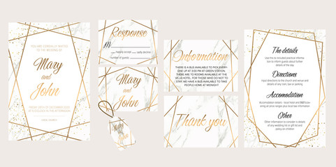 Wedding invite, details, rsvp, thank you label save the date card. Luxury Set of elegant brochure,wedding card, background, cover. White and golden marble texture.Geometric frame.Trendy wedding card.