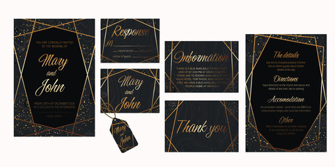 Wedding invite, details, rsvp, thank you label save the date card. Luxury Set of elegant brochure,wedding card, background, cover. Black and golden marble texture.Geometric frame.Trendy wedding  card.
