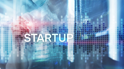 Startup concept with double exposure diagrams blurred background.