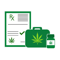 Medical marijuana prescription and bag of doctor on white background