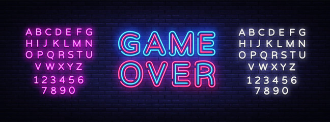 Game Over Neon Text Vector. Game Over neon sign, Gaming design template, modern trend design, night neon signboard, night bright advertising, light banner, light art. Vector. Editing text neon sign