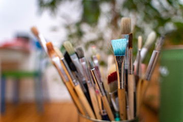 Artist paintbrushes closeup, Selective focus