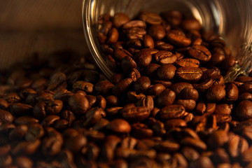 Fragrant roasted coffee beans brown and cup