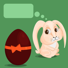 The rabbit looks at a large chocolate egg and thinks about what's inside. Place for text. Vector image of a beige bunny on a green background.