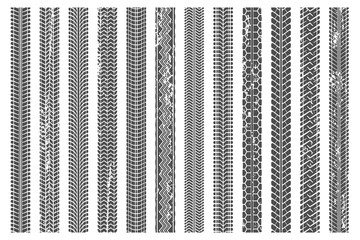 Tires tread tracks. Dirty tire track, grunge texture treads pattern and truck car trace vector illustration set