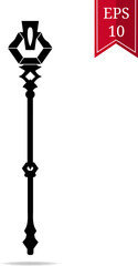 Silhouette Staff Icon isolated on white background. Magic Wand Weapon. Legendary Grade Mage Wand. Vector Illustration for Design, Game, Card, Web.