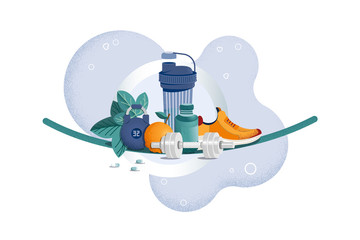 Composition with elements of healthy lifestyle, fitness, sports nutrition and grain texture.