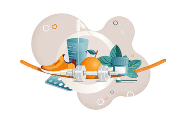 Composition with elements of healthy lifestyle, fitness, sports nutrition and grain texture.