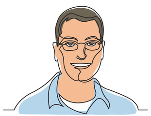 continuous line drawing of smiling man in glasses on white background