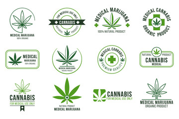 Cannabis label. Medical marijuana therapy, legal hemp plant and drug plants. Smoking weed badges isolated vector set - obrazy, fototapety, plakaty