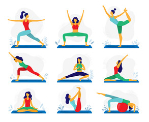 Yoga exercise. Fitness therapy, healthy stretch yoga poses and woman treatment stretching exercises flat vector illustration set