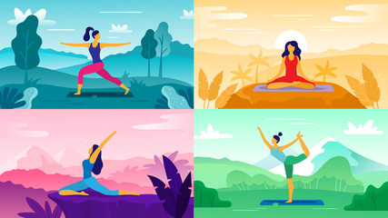 Yoga exercise on nature. Relax outdoors exercises, healthcare fitness and healthy lifestyle. Yoga poses flat vector illustration set - obrazy, fototapety, plakaty