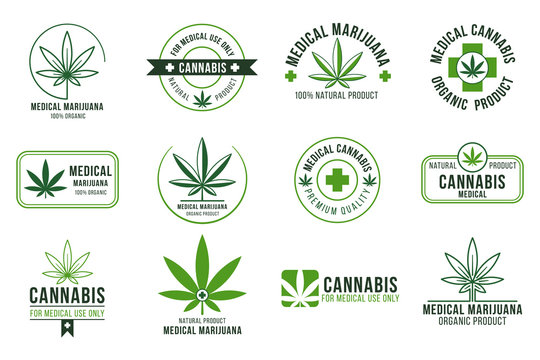 Cannabis label. Medical marijuana therapy, legal hemp plant and drug plants. Smoking weed badges isolated vector set