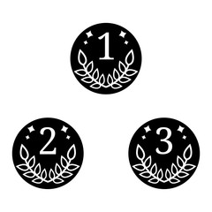 Quality Signs. Vector Coin Icon isolated on white background. First, Second, Third Places. Black Silhouette of Winner Symbol. Vector illustration for Your Design.