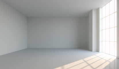 Empty white room with big window and sun light. 3D illustration. 