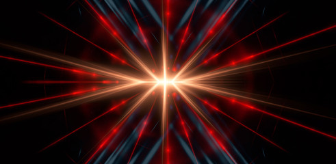 Naklejka premium Background wall with neon lines and rays. Background of an empty dark corridor, parking, airport with neon light. Abstract background with lines and glow. Wet asphalt, the reflection of neon lights in