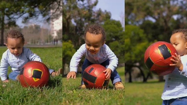 Collage of cute little boy playing with ball in park. Multiscreen montage, split screen collage. Adorable African American little child having fun in park. Leisure concept