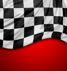 Checkered flag on red background. Copy space