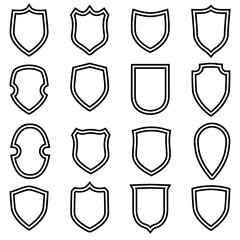 Shield shape icons set. Circuit label signs isolated on white background. Symbol of protection, arms, security, safety. Flat retro style design.