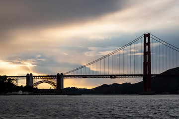 Clouds behind the Golden Gate Bridge at sunset.