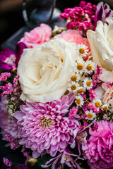 Variety of fresh flowers. Pink and white flower decoration