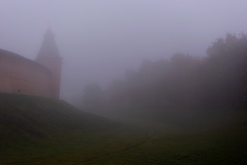 Autumn fog in the Kremlin. Spasskaya tower. Veliky Novgorod