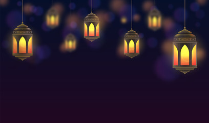 Ramadan Kareem background. Hanging lanterns and glowing lamps. Muslim feast of the holy month. Beautiful golden lanterns on dark blue background. Greeting card template for Ramadan and Muslim Holidays