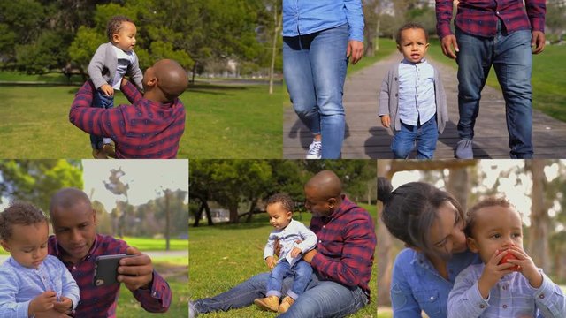 Collage of African American family relaxing in park. Multiscreen montage, split screen collage. Happy family spending time together. Family leisure concept