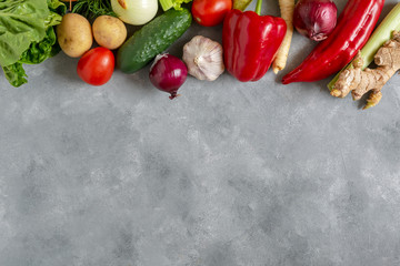 Fresh vegetables and fruits background. Top view, Copy space.