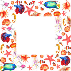 Watercolor square frame with water-plants, corals, Betta splendens, Amphiprion percula, Hippocampus,  Pomacanthus, Ambassis, shells, Asterias.