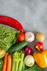 Fresh vegetables and fruits background. Top view, Copy space.