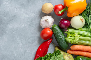 Fresh vegetables and fruits background. Top view, Copy space.