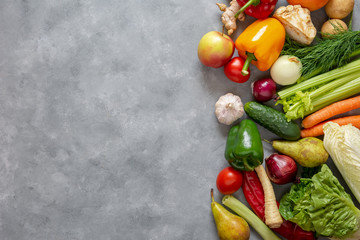 Fresh vegetables and fruits background. Top view, Copy space.