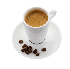 Coffee cup with roasted coffee bean. Cup of fresh coffee.