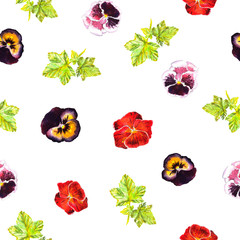 Seamless pattern with watercolour hand painted pink, purple, red violets and leaves