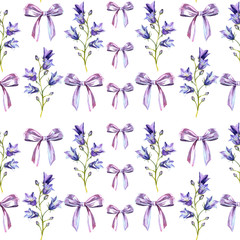 Pattern with bluebells and bows of light-blue ribbon