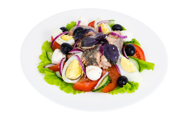 Vegetable salad with egg, fish and olives