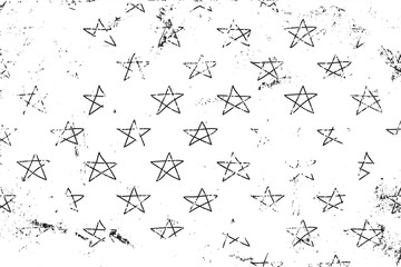 Grunge pattern with sketches stars on the scratches surface. Horizontal black and white backdrop.